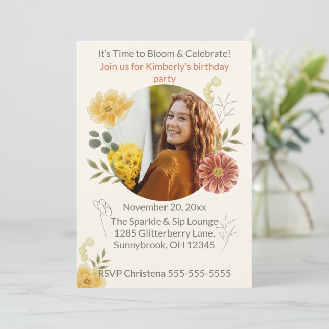 Bloom & Celebrate Floral Birthday Party Invitation (Debout devant)