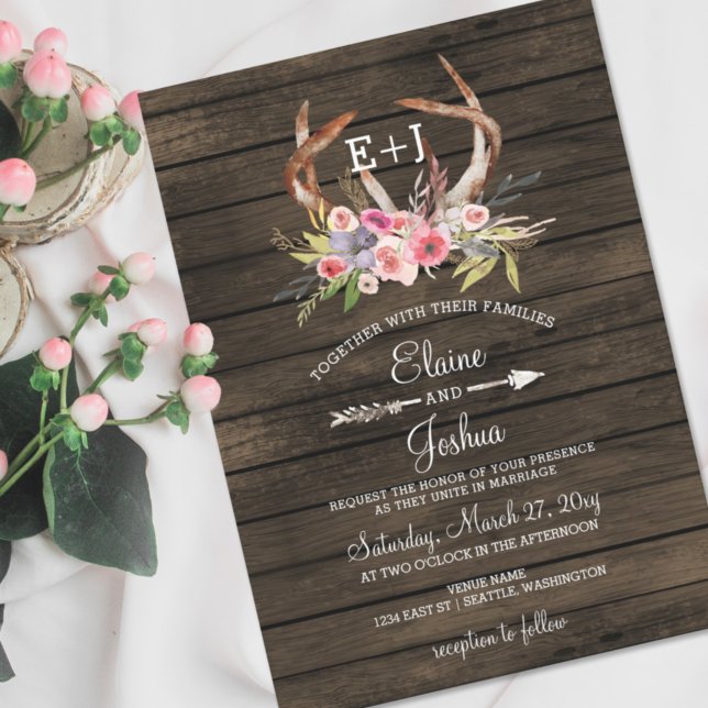 Blooming Antlers Country Chic Wedding Invitations (Créateur téléchargé)