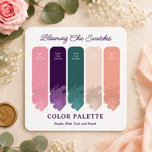 Blooming Chic • Carte de palette de couleurs de ma (The blooming chic color palette: wild rose, sugar plum, deep teal, and more.)
