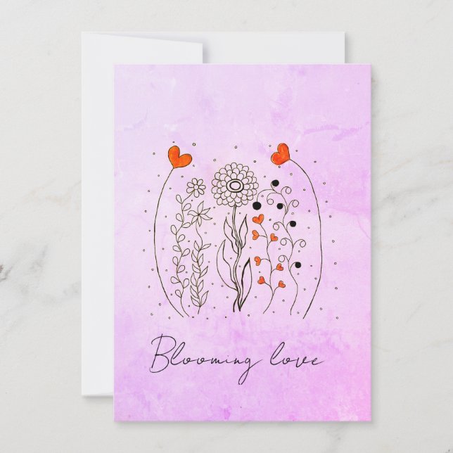  Blooming Love Hand-Drawn Hearts Floral Card (Devant)