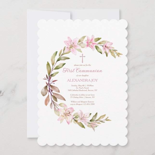 Blossom Crescent Première communion Invitation (Devant)