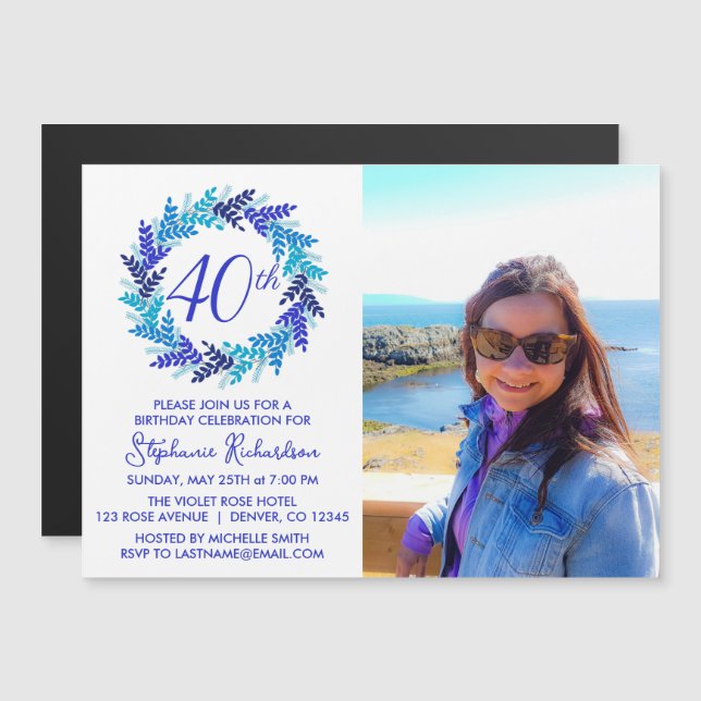Blue 40th Birthday Party Photo Invitation Magnet (Devant / Derrière)