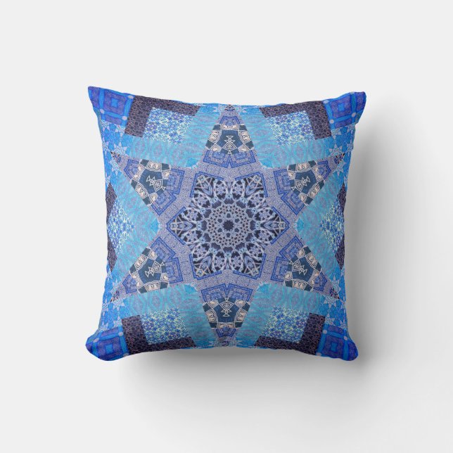 Blue 6 Pointé Star Kaleidoscope Motif Coussin (Recto)