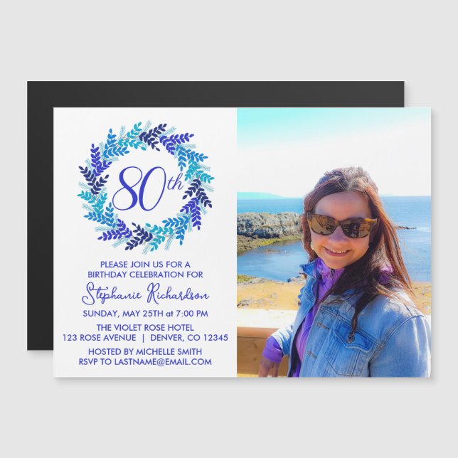Blue 80th Birthday Party Photo Invitation Magnet (Devant / Derrière)