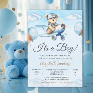 Blue Airplane Teddy Bear Baby Shower Invitation