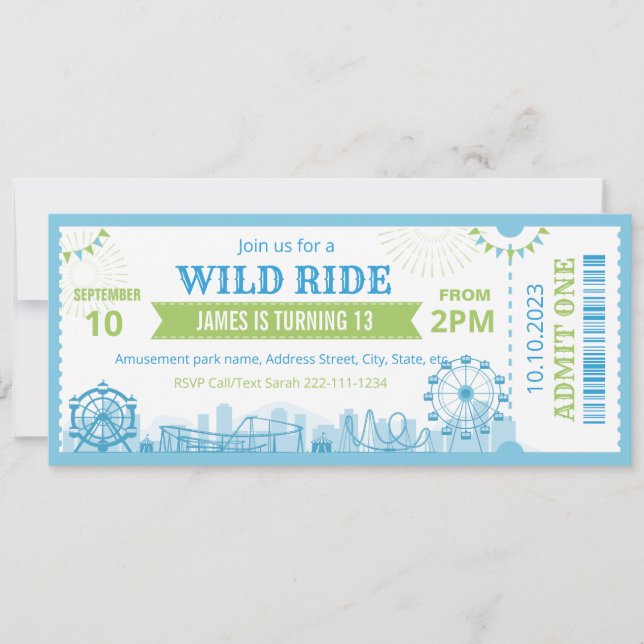 Blue Amusement Park Birthday Invitation Ticket  (Devant)