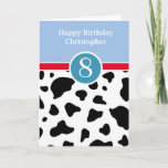 Blue and Cow Imprimer Carte d'anniversaire 8e<br><div class="desc">Un motif de vache noir et blanc et une carte de 8ème anniversaire personnalisée pour les garçons. Cette amusante carte bleue et d'impression de vache 8e anniversaire peut être personnalisée avec son nom sur le devant de la carte de voeux. Le message de la carte intérieure peut également être personnalisé...</div>