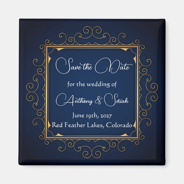 Blue and gold "save the date" magnet (Devant)