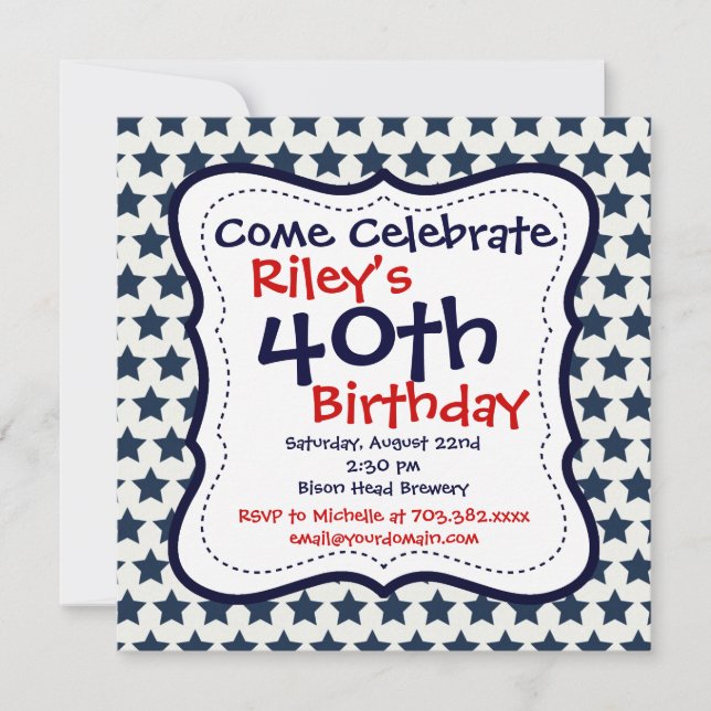 Blue and Red Stars 40th Birthday Party Invitation (Devant)