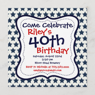 Blue and Red Stars 40th Birthday Party Invitation