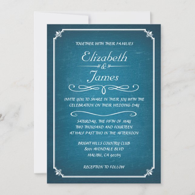 Blue and White Chalkboard Wedding Invitations (Devant)