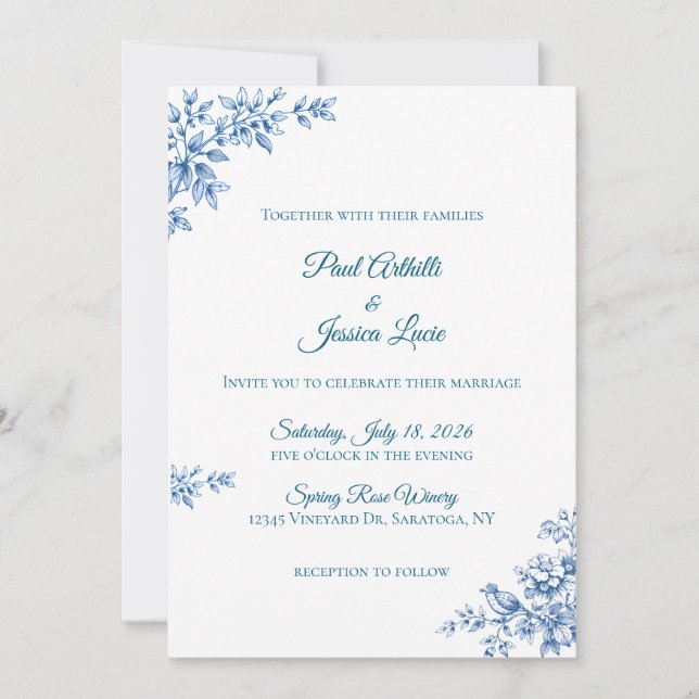 Blue and White Floral Wedding Invitation (Devant)