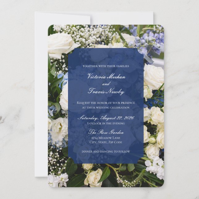blue and white floral wedding invitation (Devant)