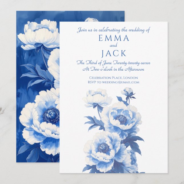 Blue and white peonies wedding invitation (Devant / Derrière)