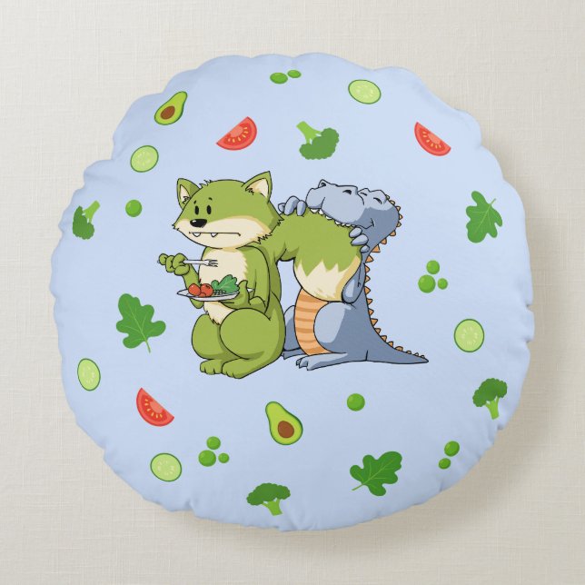 Blue Animaux et légumes Enfants Coussin rond (Devant)