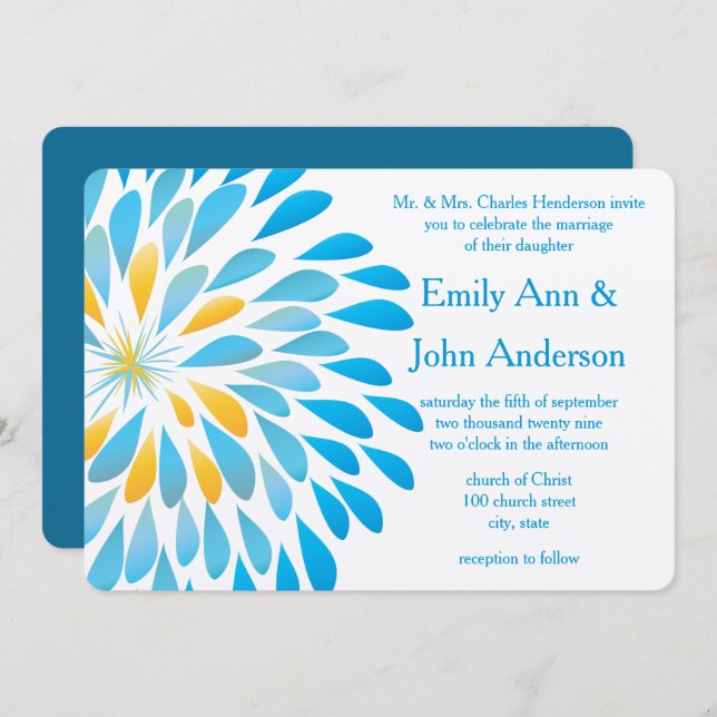 Blue Aqua Floral Chrysanthemum Invitations de mari (Devant / Derrière)
