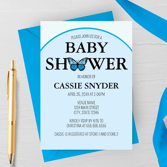 Blue Arch Butterfly Baby Shower Invitation (Blue Arch Butterfly Spring Baby Shower Invitation)