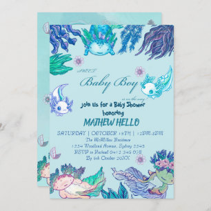 BLUE AXOLOTL Baby shower Invitation garçon