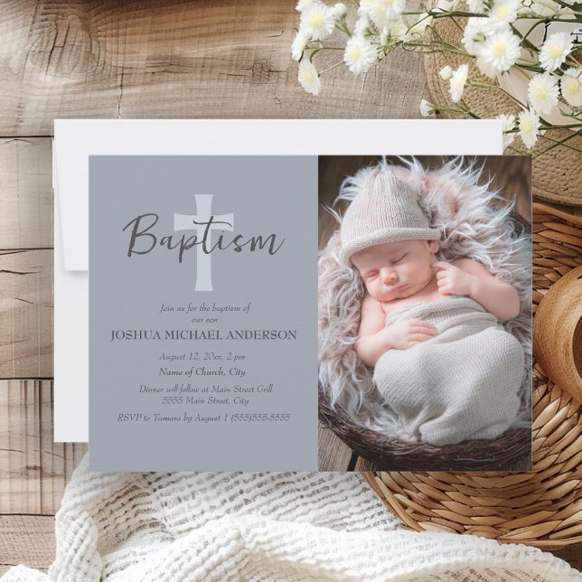 Blue Baby Boy Photo Baptême Cross Invitation (Dusty blue baby baptism photo invitation)