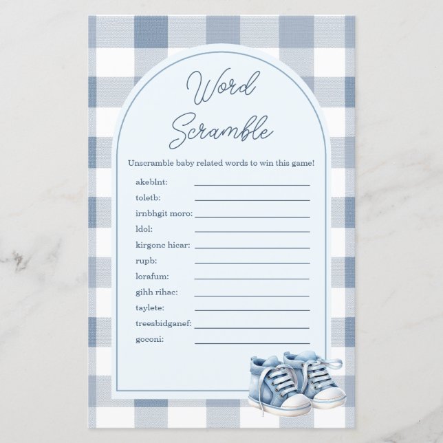 Blue Baby Shoes Gingham Word Scramble Game (Devant)