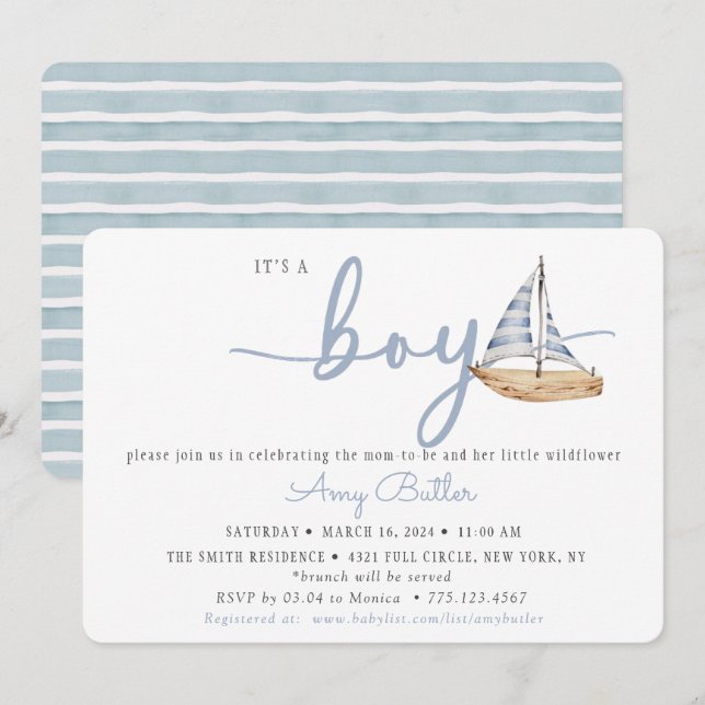 Blue Baby Shower Invitation with Sailboat & Stripe (Devant / Derrière)
