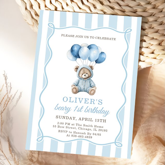 Blue Balloons Teddy Bear Birthday Invitation  (Créateur téléchargé)
