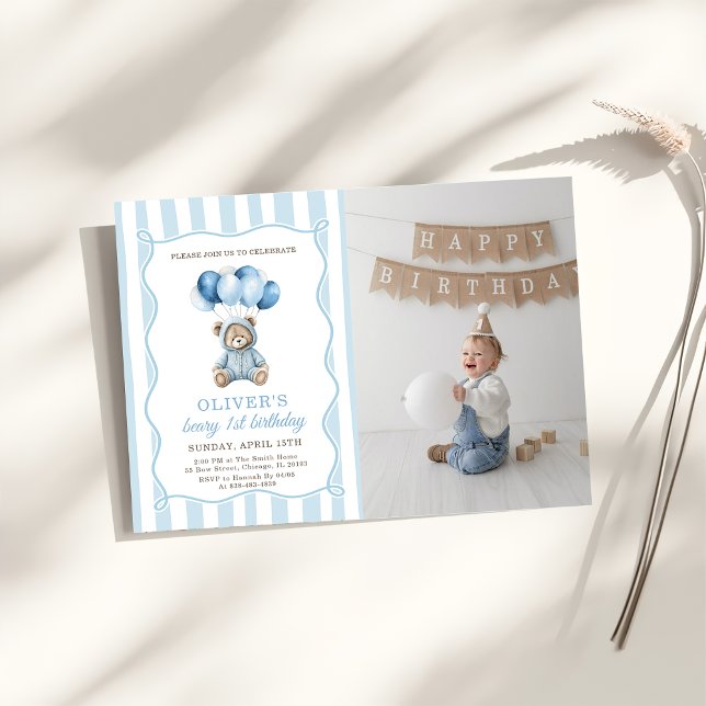 Blue Balloons Teddy Bear Birthday Invitation  (Créateur téléchargé)