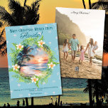 Blue Beach Aquarelle Floride Photo Carte de Noël<br><div class="desc">Envoyez des salutations de vacances chaleureuses avec cette carte de Noël sur le thème de la Floride, montrant une scène d'aquarelle étonnante d'un lever de soleil sur la plage. La vue sur l'océan saisit la beauté de la côte de Floride, avec des palmiers se balançant dans la brise et un...</div>