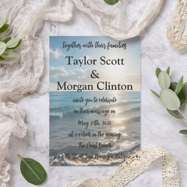 Blue Beach Sunset Watercolor Faire-part de mariage (Créateur téléchargé)