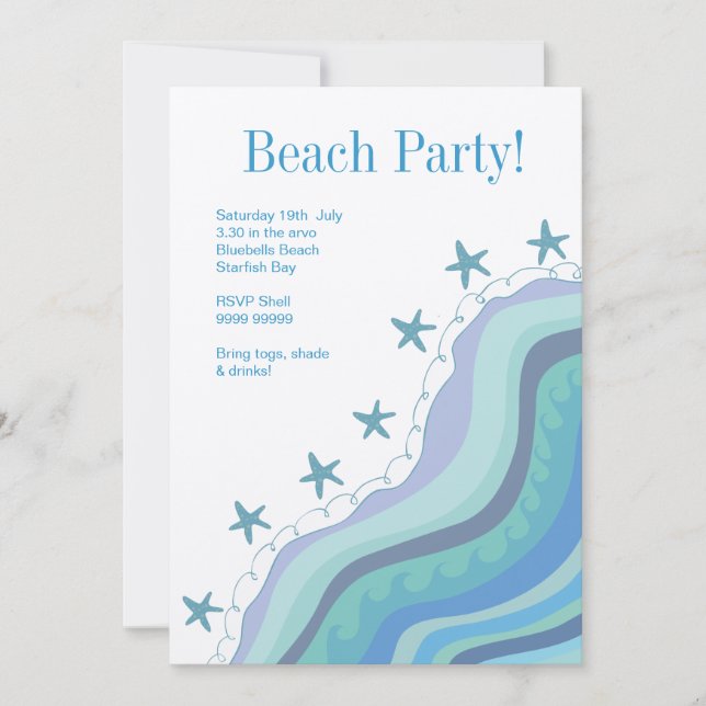 Blue Beach Waves Starfish Summer Party Invitation (Devant)