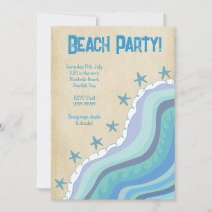 Blue Beach Waves Starfish Summer Party Invitation