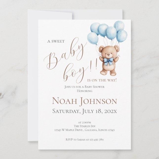 Blue Bear Baby Shower Boy invitation (Devant)