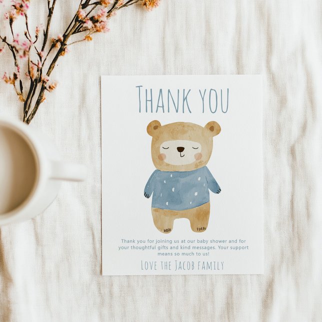 Blue Bear Baby shower mignon merci (Simple blue boy sleepy bear "Thank you" baby shower card.)