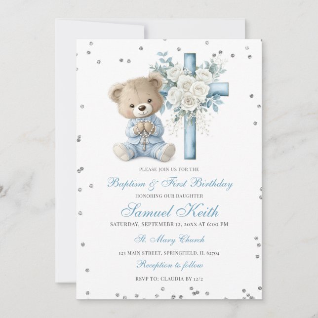 Blue Bear Baptism & First Birthday Invitation (Devant)