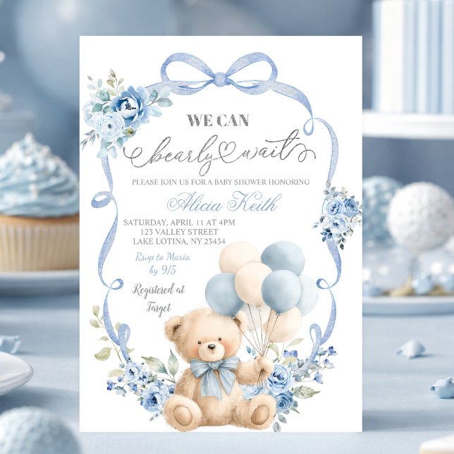Blue Bear Bow Coquette Baby Shower Invitation (Créateur téléchargé)