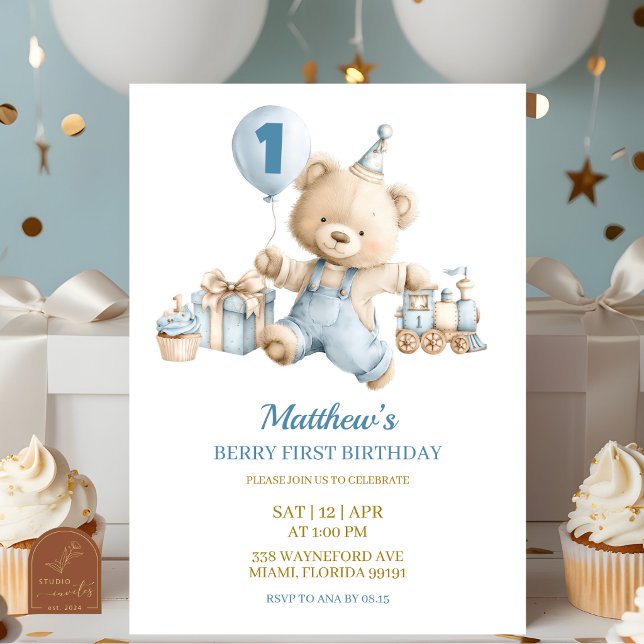 Blue Bear Boy Beary first birthday invitation (Créateur téléchargé)