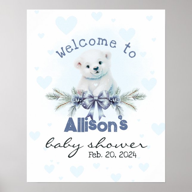 Blue Bear Cub Cute Baby shower Affiche de bienvenu (Devant)