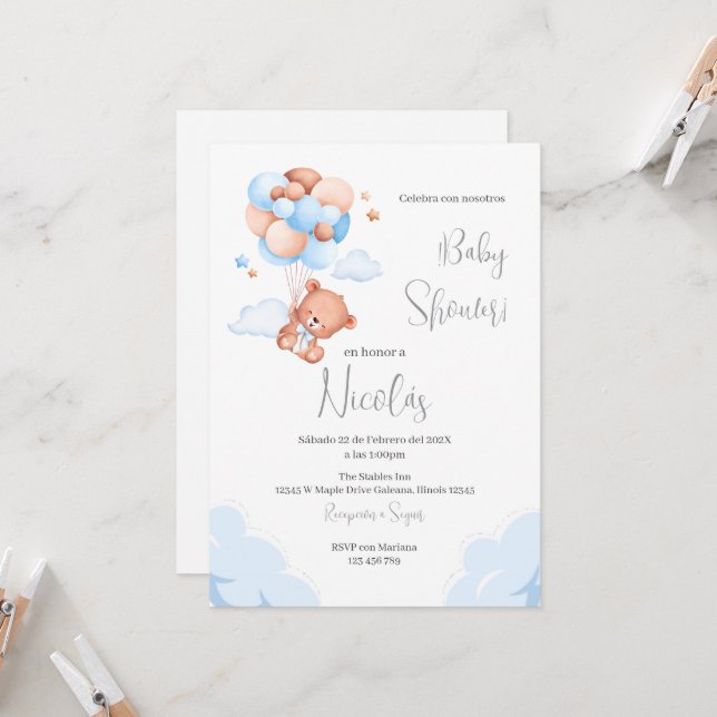 Blue Bear Espagnol Baby shower Boy invitation (Devant/Arrière en situation)