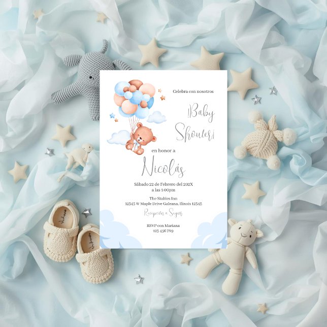 Blue Bear Espagnol Baby shower Boy invitation (Créateur téléchargé)