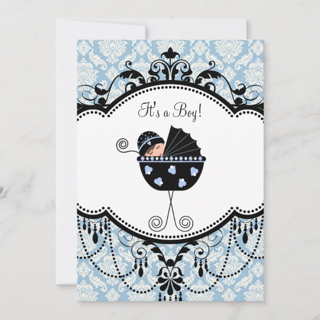Blue Black Damask Baby Boy Shower Invitations (Devant)