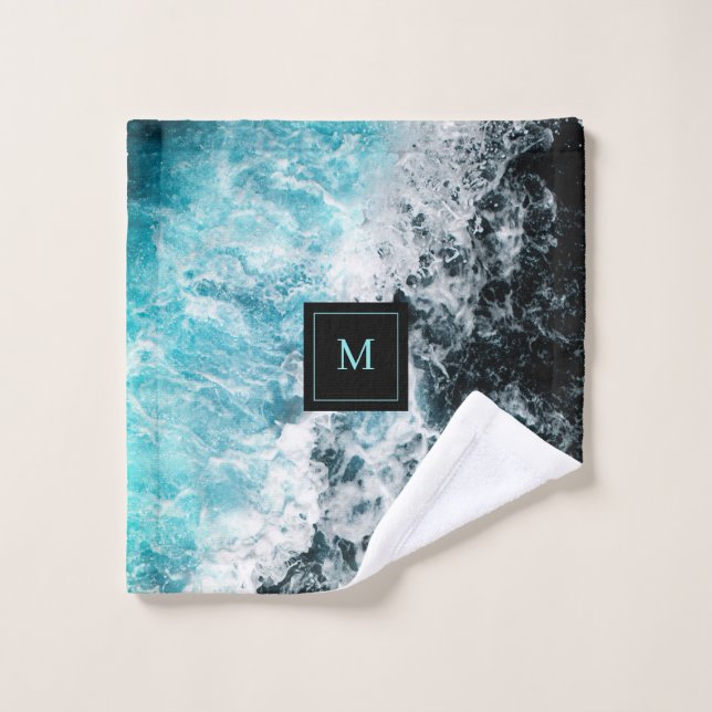 Blue Black Ocean Waves Hawaii Monogramme (Gant de toilette)