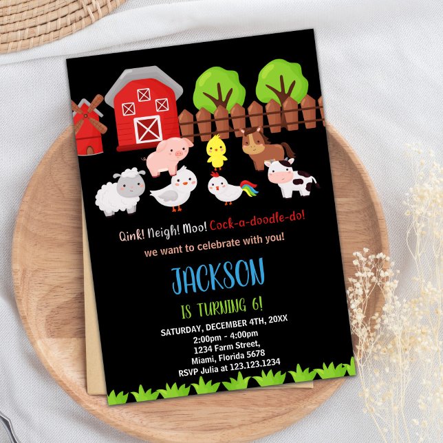 Blue Black Red Farm Animaux Invitations Anniversai (Blue Black Red Farm Animals Birthday Invitations)