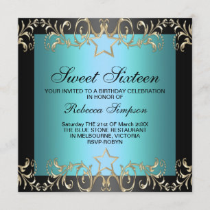 Blue & Black Star Sweet 16 Anniversaire Invitation