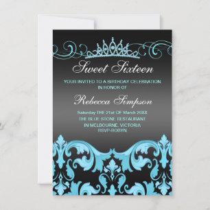 Blue/Black Sweet16 Damask & Tiara Invitation d'ann