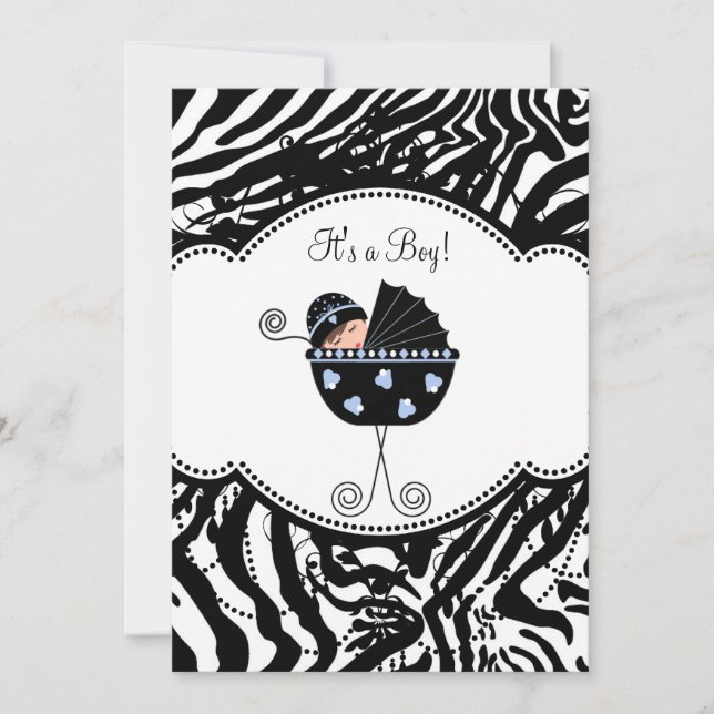 Blue Black Zebra Baby Boy Shower Invitations (Devant)