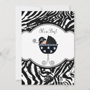 Blue Black Zebra Baby Boy Shower Invitations