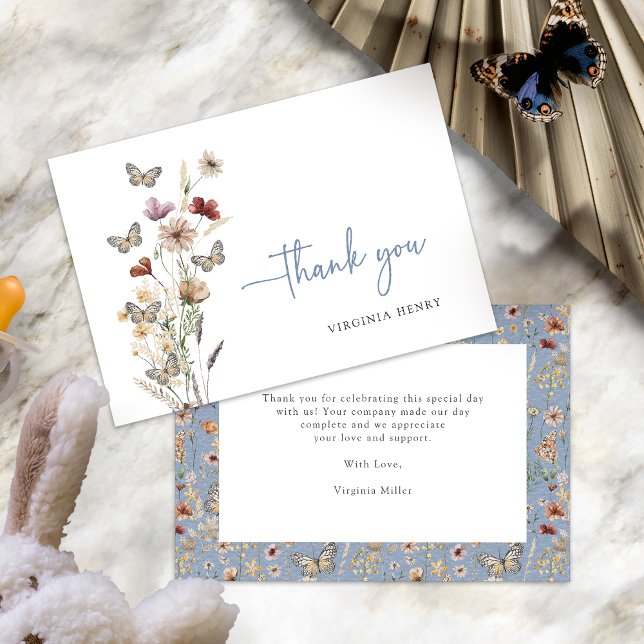 Blue Boho Fleur sauvage Merci Cartes (Dusty Blue Boho Wildflower Thank You Cards with Butterflies by Painted Paperie
)