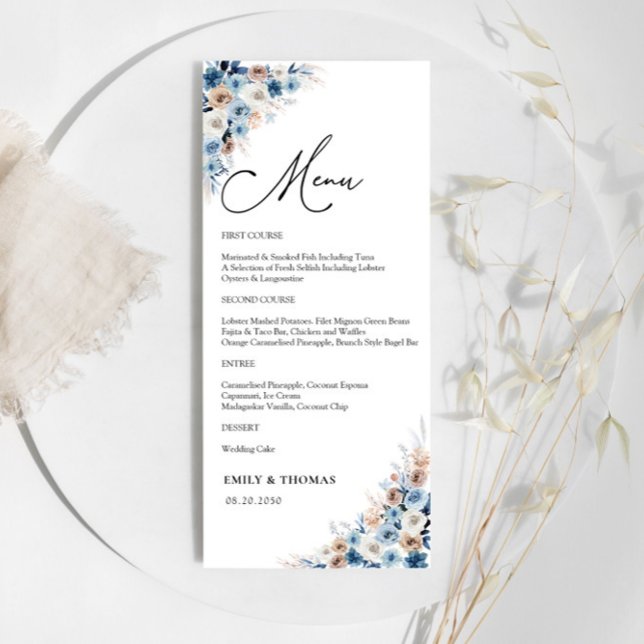 Blue Boho Floral Mariage Cérémonie Menu (Créateur téléchargé)