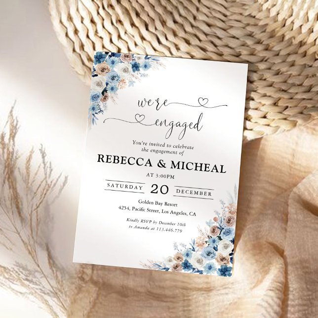 Blue Boho Floral Nous sommes engagés Invitation (Créateur téléchargé)