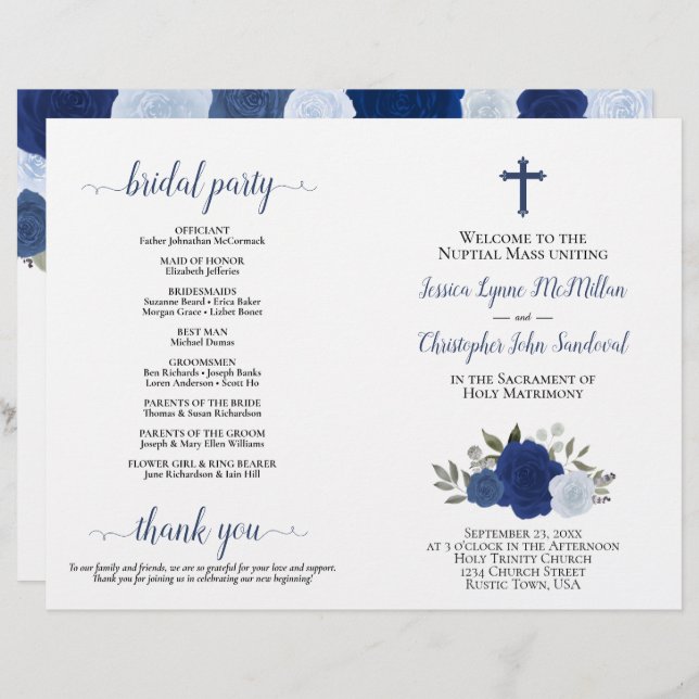 Blue Boho Roses do-it-yourself Pold Catholic Weddi (Devant / Derrière)